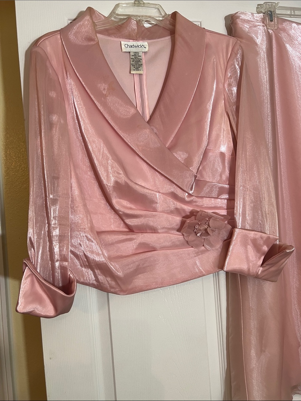 Chadwicks Shimmery Pink Two-Piece Skirt Set with Floral Accent - Picture 2 of 3